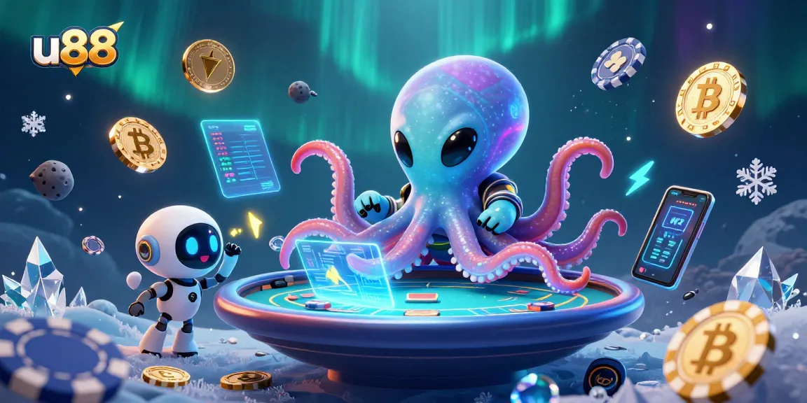 Engage with captivating u88 gaming strategies at a holographic poker table with an alien octopus and robot.