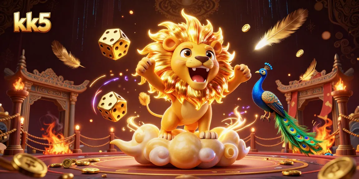 Engage with vibrant kk5 gaming action featuring a roaring lion, golden dice, and thrilling casino elements.