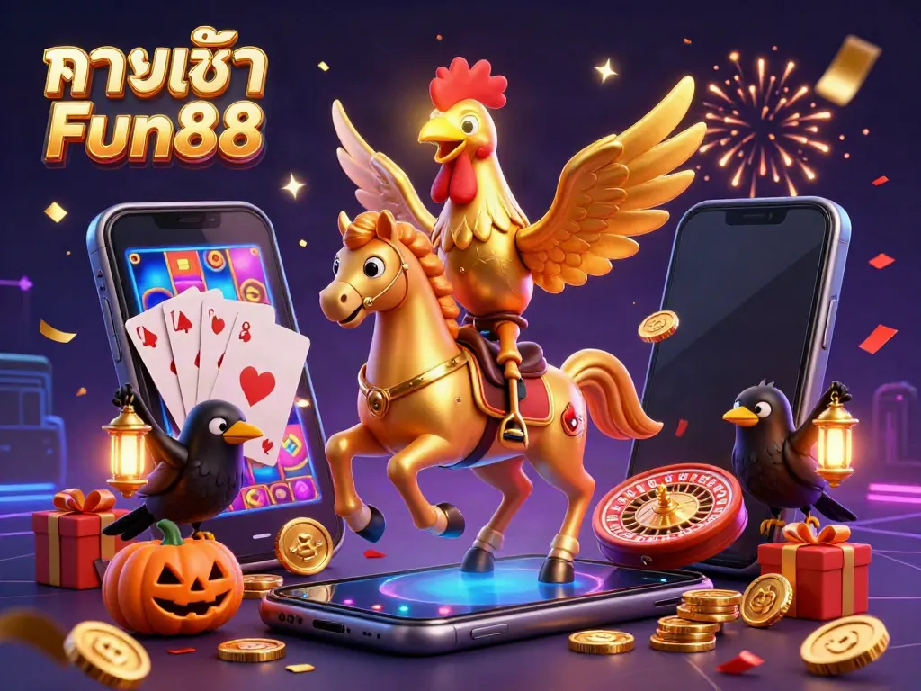 Engage in the excitement of ทางเข้า Fun88 with a vibrant casino scene featuring a golden rooster and festive gaming elements.
