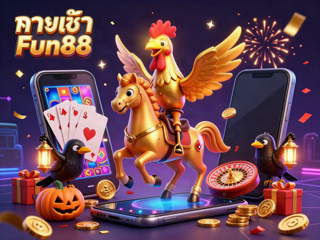 Engage in the excitement of ทางเข้า Fun88 with a vibrant casino scene featuring a golden rooster and festive gaming elements.