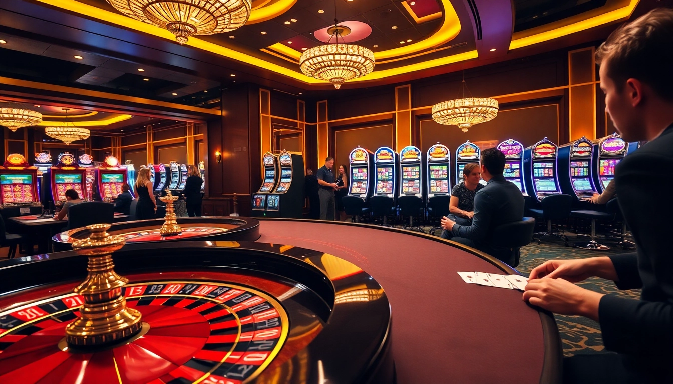 Shbet casino scene showcasing a roulette table, poker players, and vibrant slot machines.