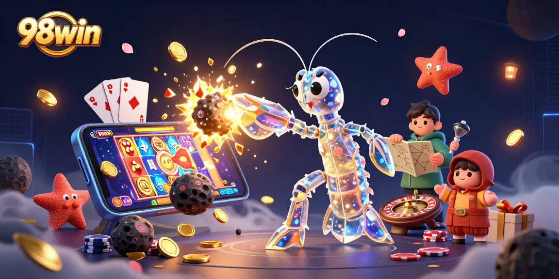 Play exciting slots and games at 98win while golden coins and gems burst from a victory scene.