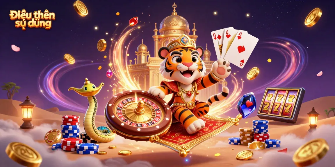 Engage in thrilling action with Điều khoản sử dụng overview as the tiger sultan and genie navigate a mystical casino setting.