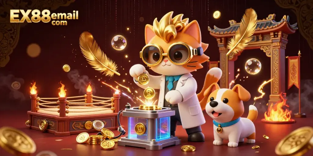 Engage with the thrilling world of EX88email com in this vibrant 3D scene featuring a mad scientist cat and lab assistant dog amidst gold coins and swirling effects.