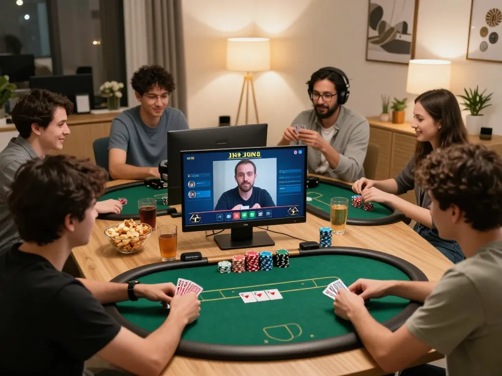 Players enjoying a strategic online poker game through video call with rr88 gratis offers in view, showcasing friendly competition and interactions.