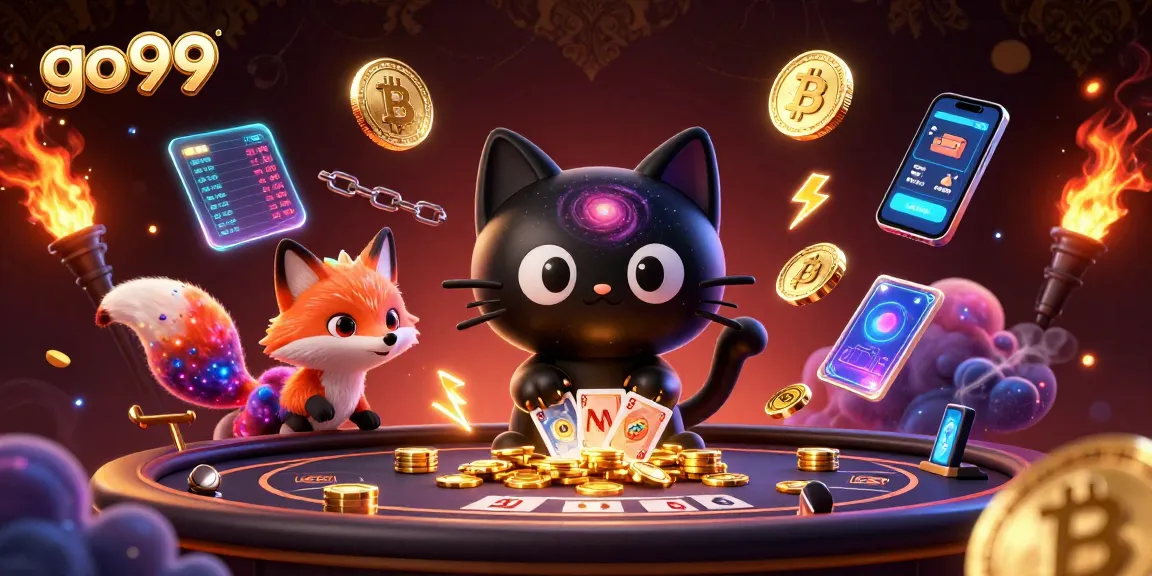 Experience go99's cosmic casino with a black hole cat captivating golden chips and cards.