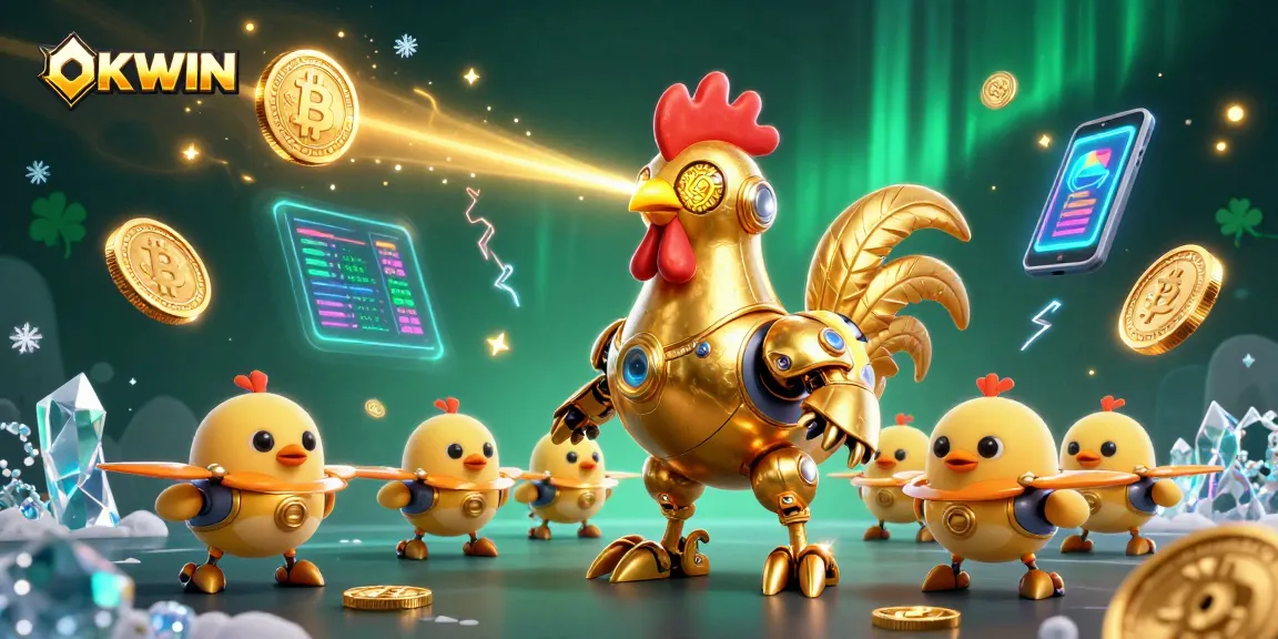 Engage in thrilling gameplay at OKWIN, featuring a futuristic golden rooster robot and vibrant crypto visuals.