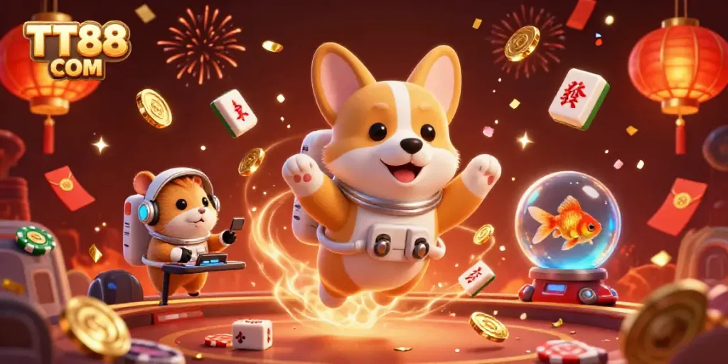 Join the fun at TT88 COM with a lively casino space scene featuring playful characters and golden rewards.