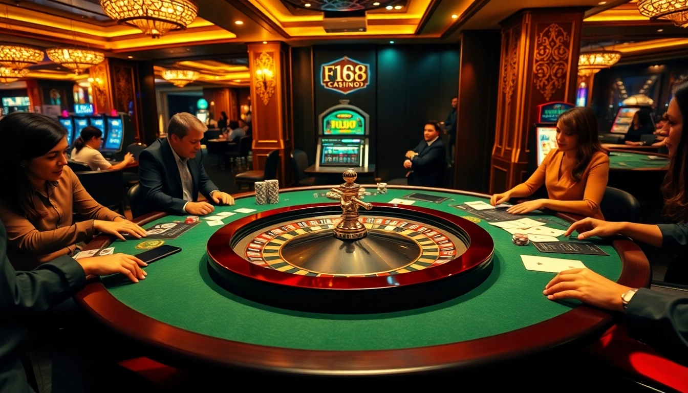 Experience the excitement of F168 Casino with vibrant gambling action at roulette tables.