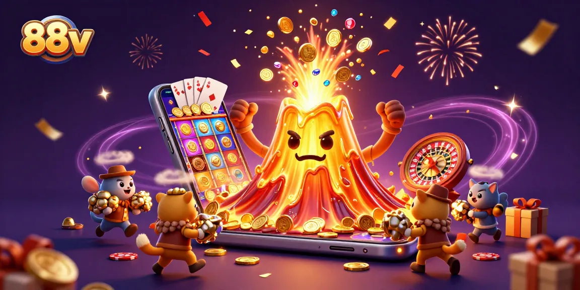 Engage with 88vv's thrilling slot adventure featuring a victorious volcano and treasure-seeking animals.