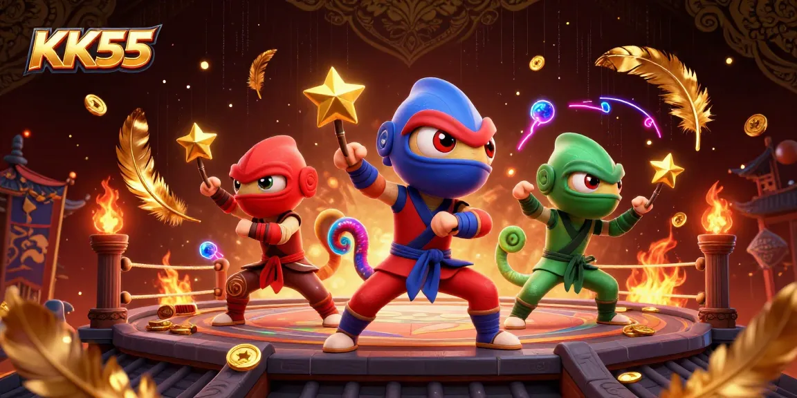 Join the fun at KK55 with ninja chameleons showcasing exciting martial arts in a dynamic casino setting.