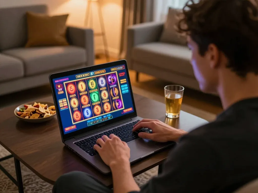 Player enjoying online gambling at home with tr88 video slot game on laptop in cozy setting.