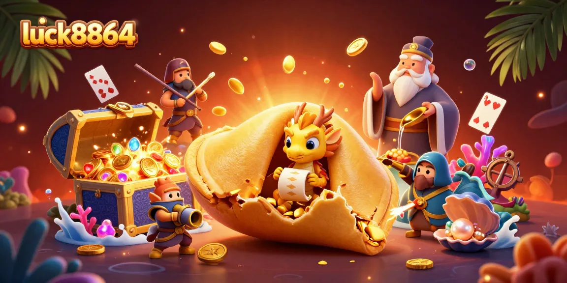 Engage with excitement at luck8864, featuring a golden fortune cookie and treasures of the sea in a vibrant 3D casino scene.
