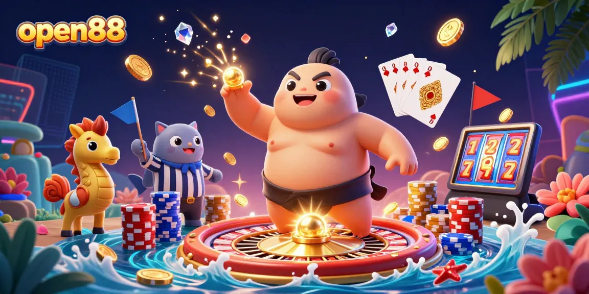Experience vibrant casino action with open88 featuring a fugu in a sumo belt amidst dynamic games.