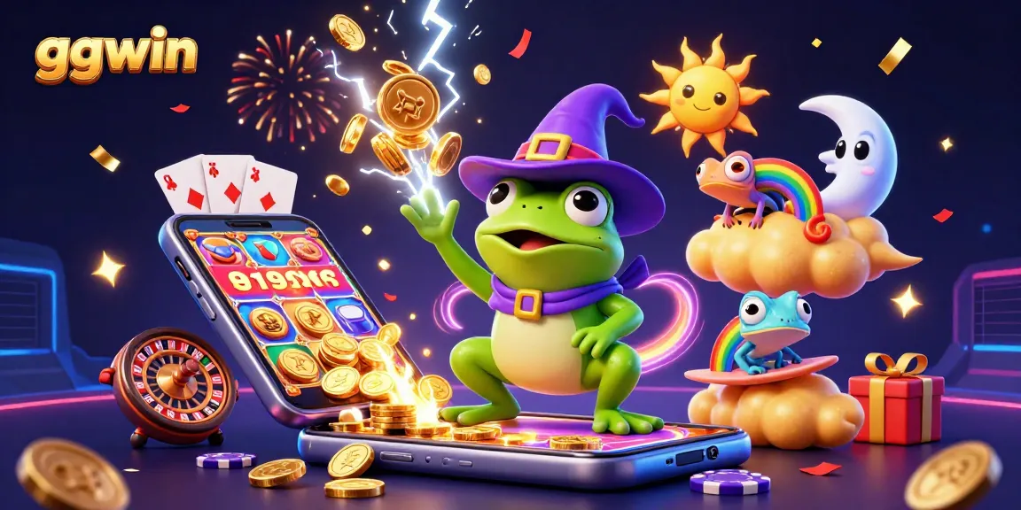 Experience thrilling gameplay at ggwin, featuring a frog wizard amidst a storm of golden coins and vibrant casino elements.