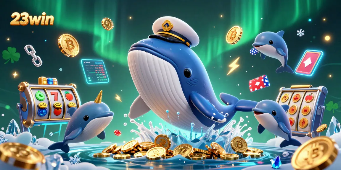 Spin for prizes at 23win with a cartoon whale and dolphins in this vibrant casino scene.