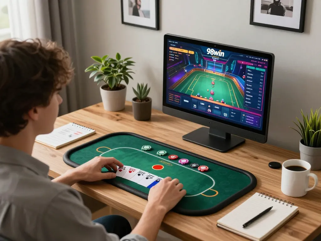 Playing the game 98win on a tablet in a cozy home office setup, showcasing strategic online poker gameplay.