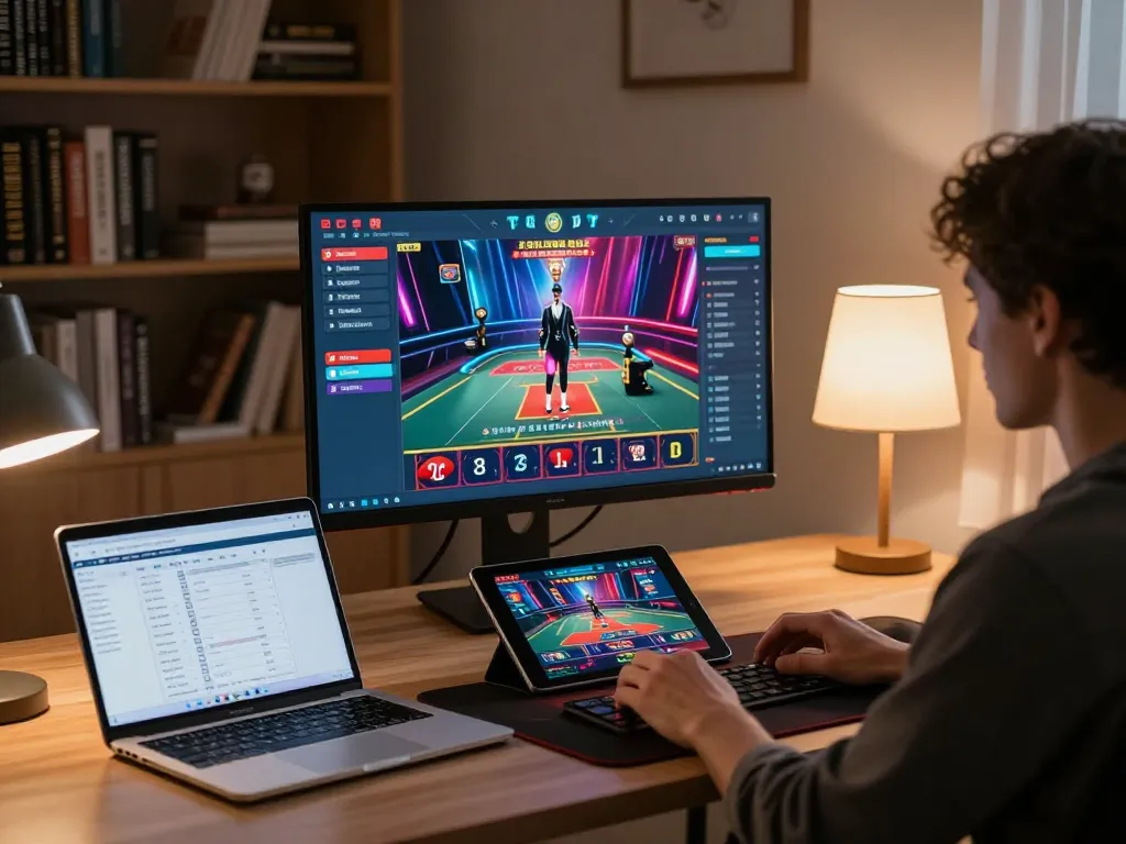 Player engaging in online casino gaming at home with tv88 interface shown on monitors, highlighting focused gameplay