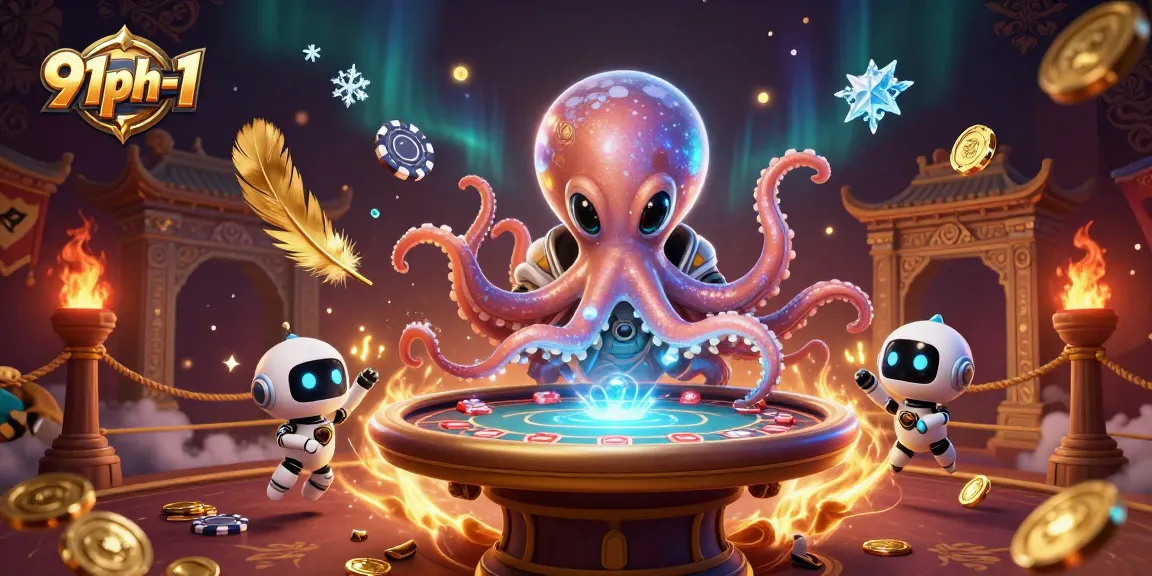 Engage with 91ph-1 as an alien octopus plays poker amidst flying chips and vibrant casino elements.