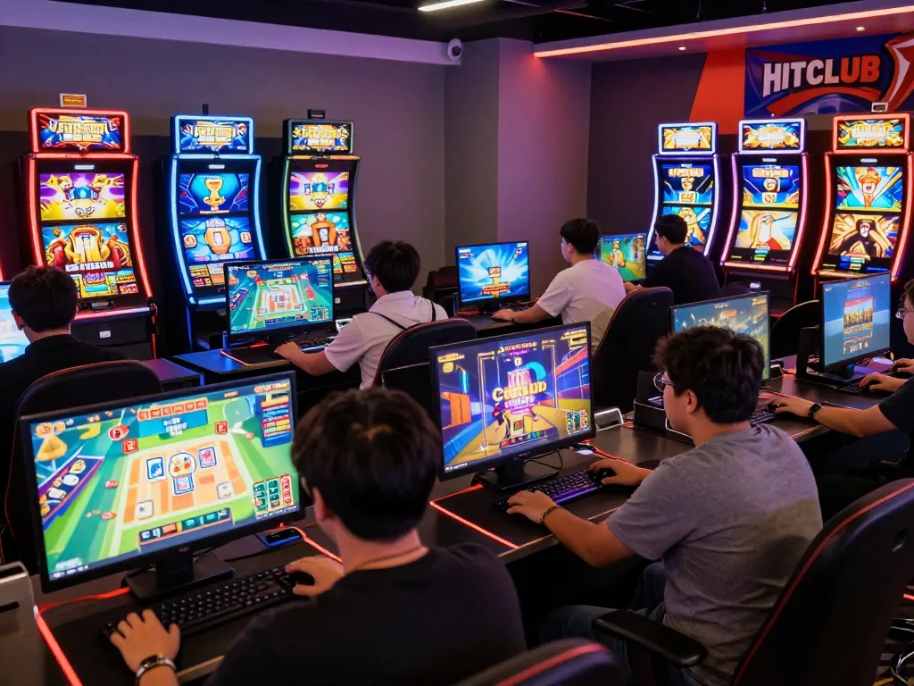 Engaging HITCLUB gaming experience with players focused on various games in a lively atmosphere.