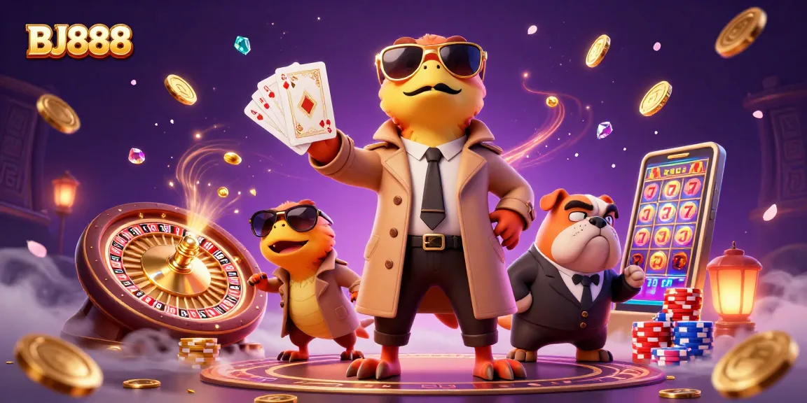 Experience thrill with BJ888 as raptors sneak into a VIP casino, surrounded by gold coins and games.