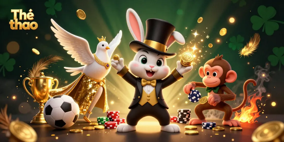 Thể thao sports betting scene with a magician rabbit revealing golden coins, showcasing vibrant gambling elements.
