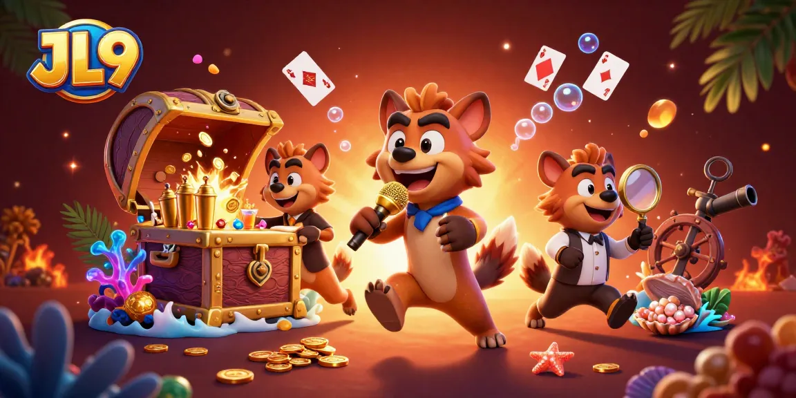 JL9 hyenas entertain in a casino with gold coins, underwater treasures, and vibrant elements.