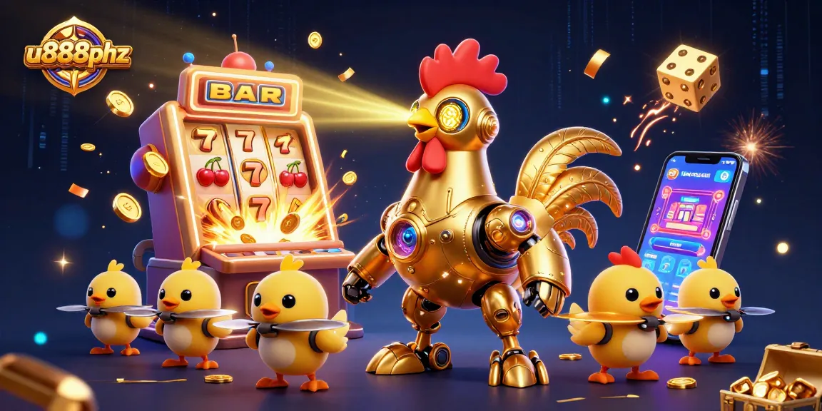 Experience thrilling gameplay with u888phz in an explosive jackpot scene featuring a golden rooster robot.