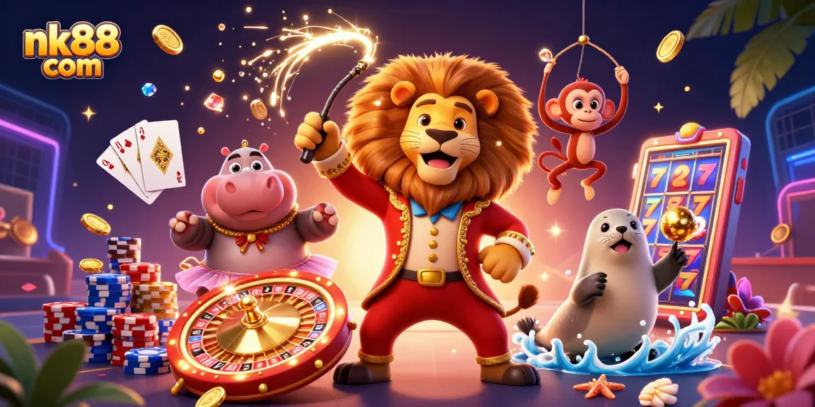 Engage with nk88 com in this vibrant 3D illustration showcasing casino fun with characters and rich game elements.