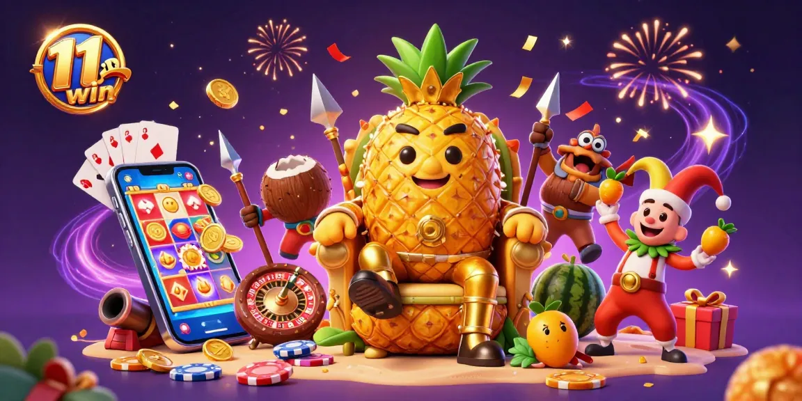 Experience the thrill of 11 win with a vibrant casino scene showcasing a golden pineapple king and casino games.