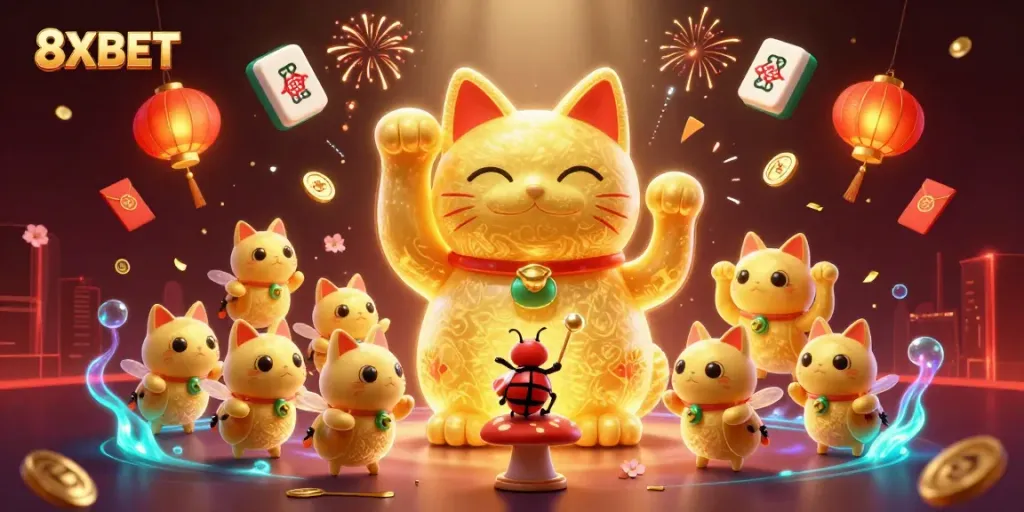 Experience the thrill of 8XBET gaming with vibrant, dynamic elements surrounding a lucky cat!