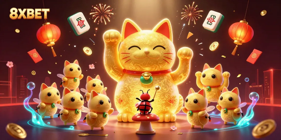 Experience the thrill of 8XBET gaming with vibrant, dynamic elements surrounding a lucky cat!