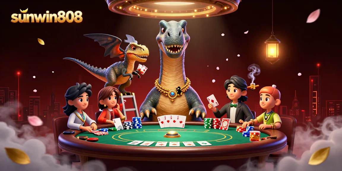 Experience sunwin808 as a giant brontosaurus oversees a vibrant poker scene with colorful chips.