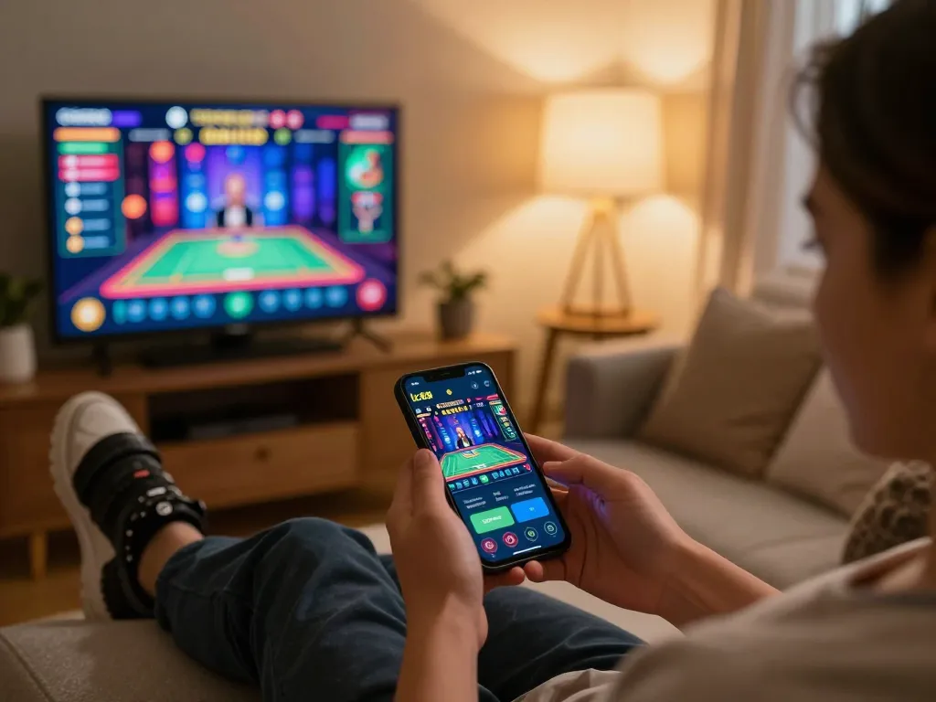 Engaging gaming moment on the lc88 app with a user enjoying mobile gambling in a cozy home setting