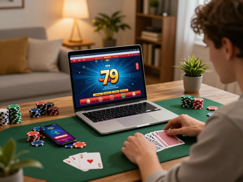 fun79 online gaming setup with player analyzing poker hands in cozy home environment