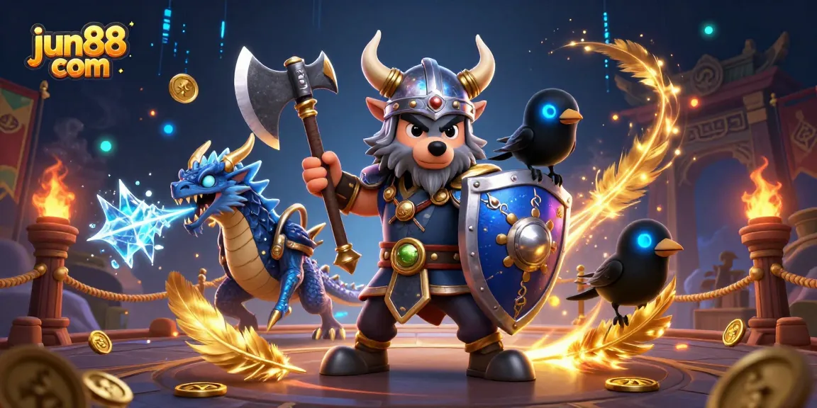 Join the excitement at jun88 com with a vibrant online casino scene featuring a Viking wolf warrior, dragon, and riches.