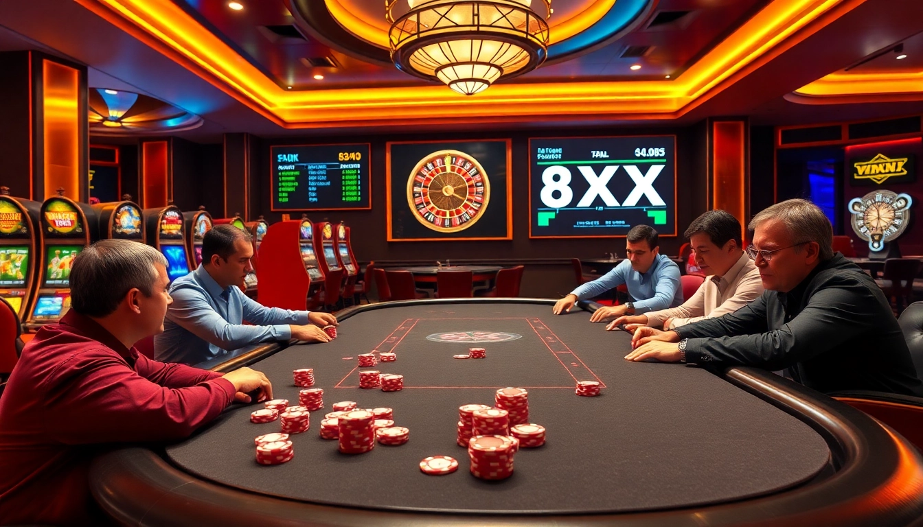 Engage in high-stakes gambling at 8XX's luxurious poker table with vibrant chips and an inviting atmosphere.