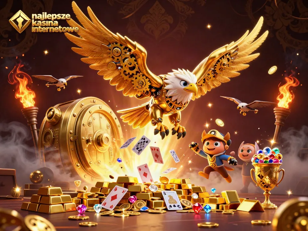 Engaging illustration showcasing najlepsze kasyna internetowe with a cybernetic eagle surrounded by holographic cards and treasure.