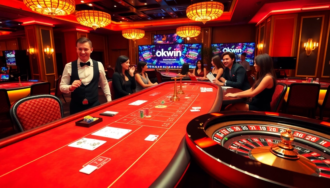 Exciting casino action at an Okwin table with players and dealers showcasing luxury gaming.