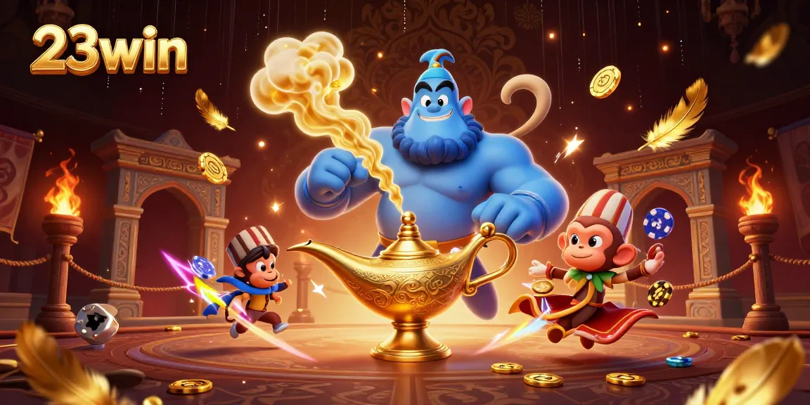 Exciting scene showcasing 23win with a genie, monkey, and magic carpet in a vibrant casino environment.