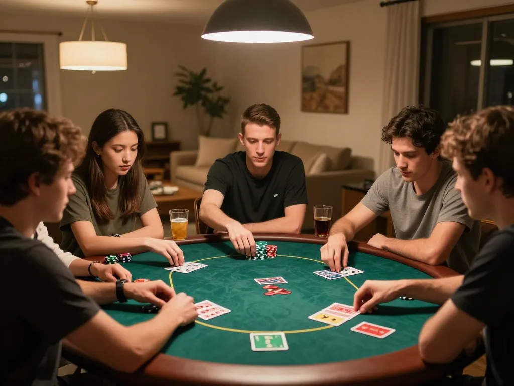 Gathering friends at home engaging in an exciting poker game, showcasing OK365 for gaming strategies.