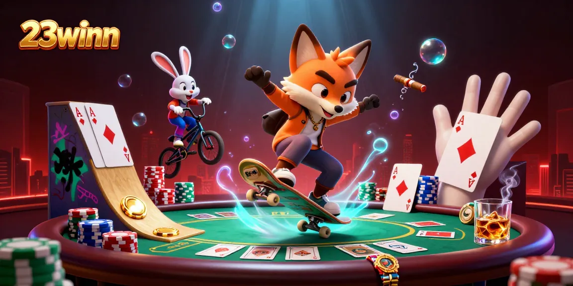 23winn showcases a skateboarder fox performing tricks over golden poker chips with vibrant casino elements.