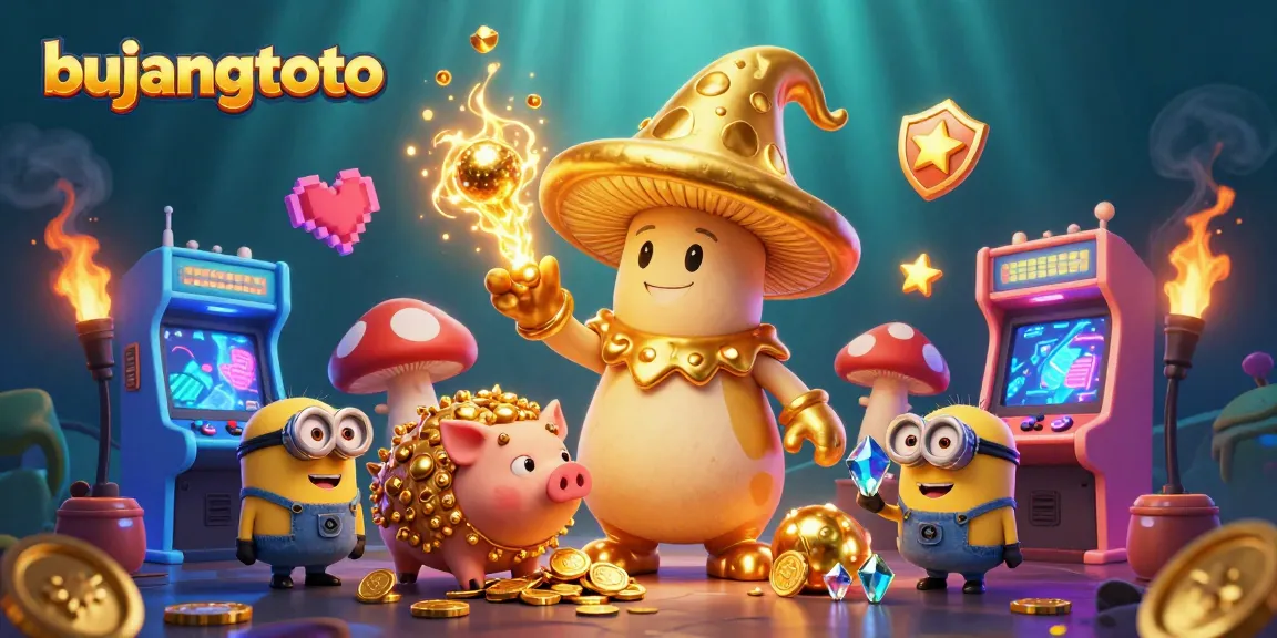 Bujangtoto captures the magic of a golden mushroom wizard and arcade games in a vibrant casino scene.