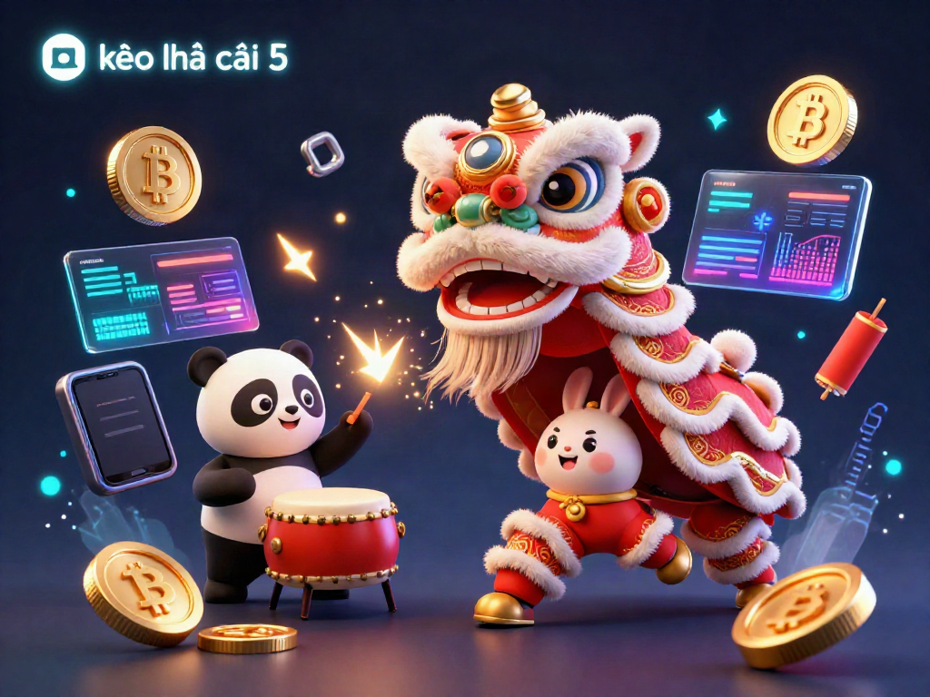Join the excitement of kèo nhà cái 5 as cartoon characters celebrate with a lion dance, crypto coins, and dynamic visuals!