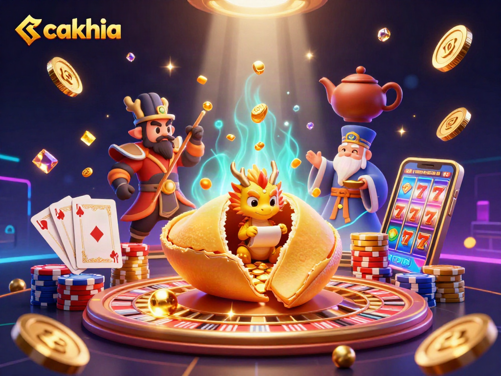Engage in dynamic gameplay with Cakhia's golden fortune cookie theme and vibrant casino elements.