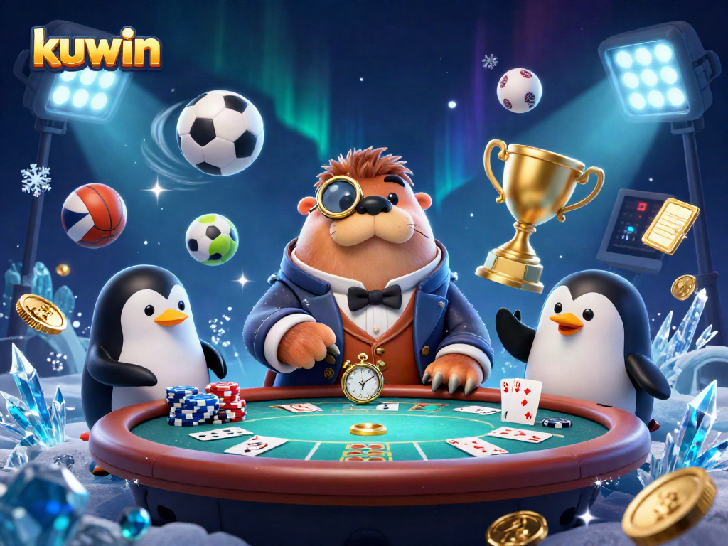 Kuwin players enjoying underwater poker with a jolly walrus and a sophisticated penguin dealer.