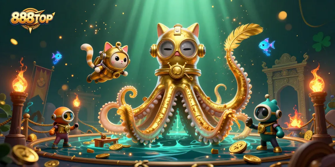 Immerse in the vibrant gaming world of 888TOP, highlighting thrilling adventures with a kraken and diving cat.