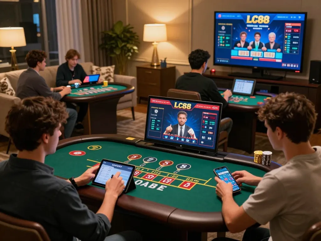 Players enjoying interactive LC88 baccarat online, showcasing stylish home gaming atmosphere.