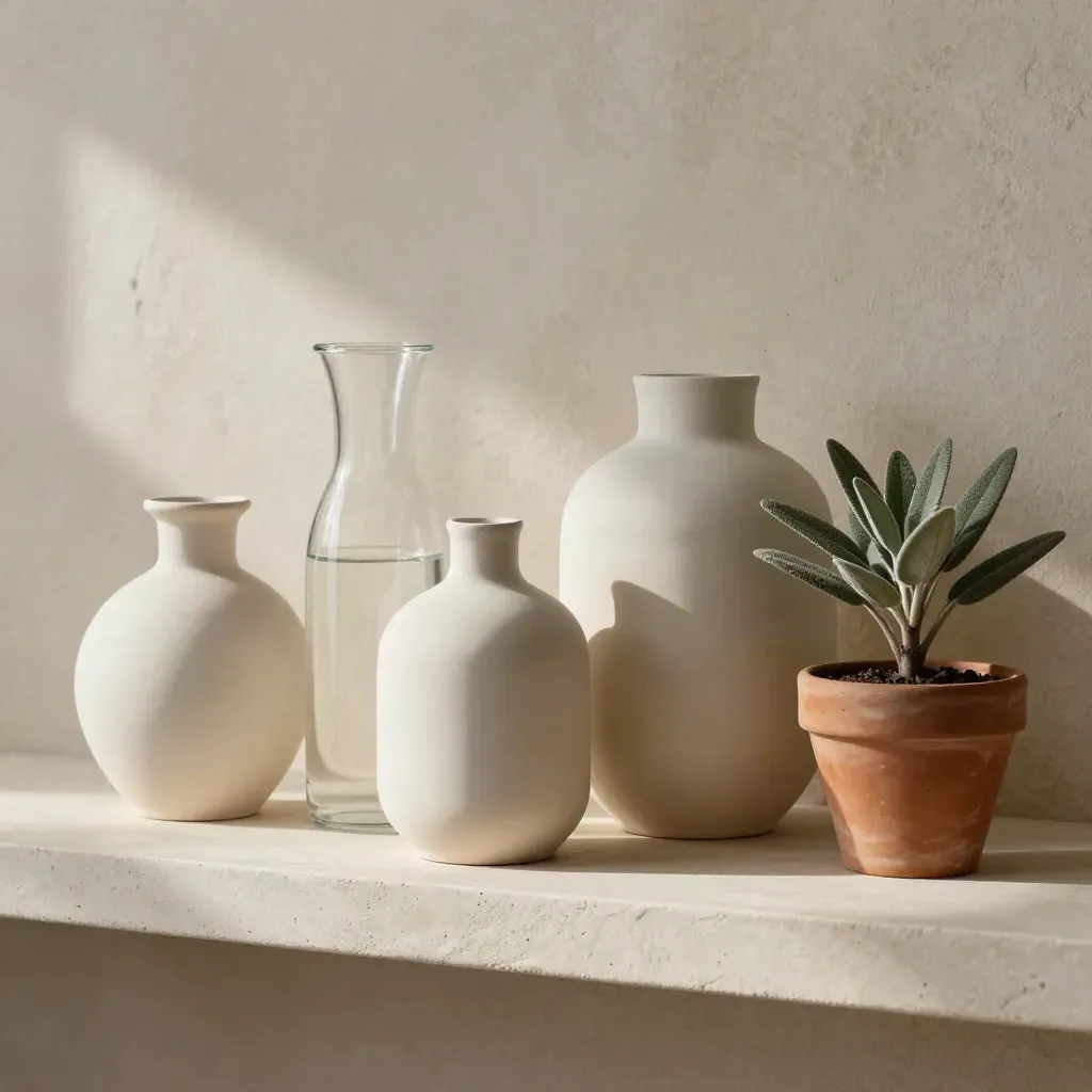 Trzy ceramiczne naczynia, karafka i roślina na półce z tynku w miękkim świetle.