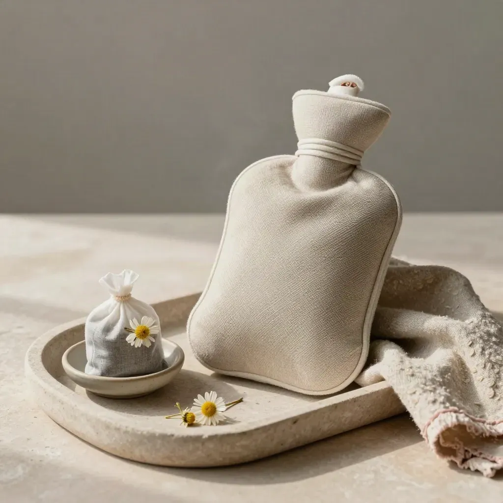 Lniany termofor, saszetka rumianku i ceramiczna miseczka na kamiennej tacy.